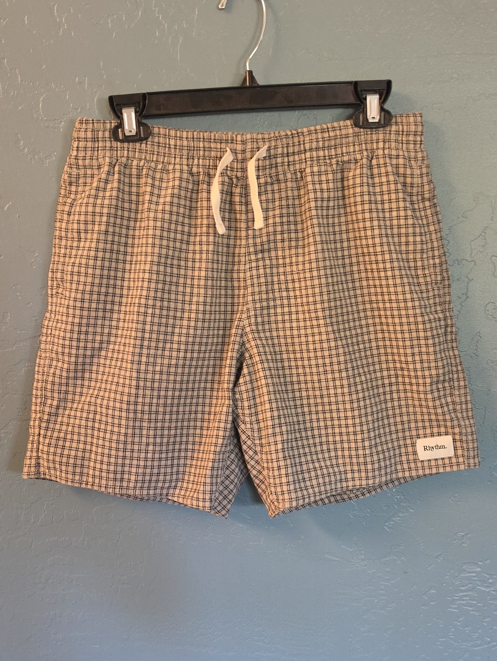 Rhythm. Men's Beige and Black Plaid Swim Trunks